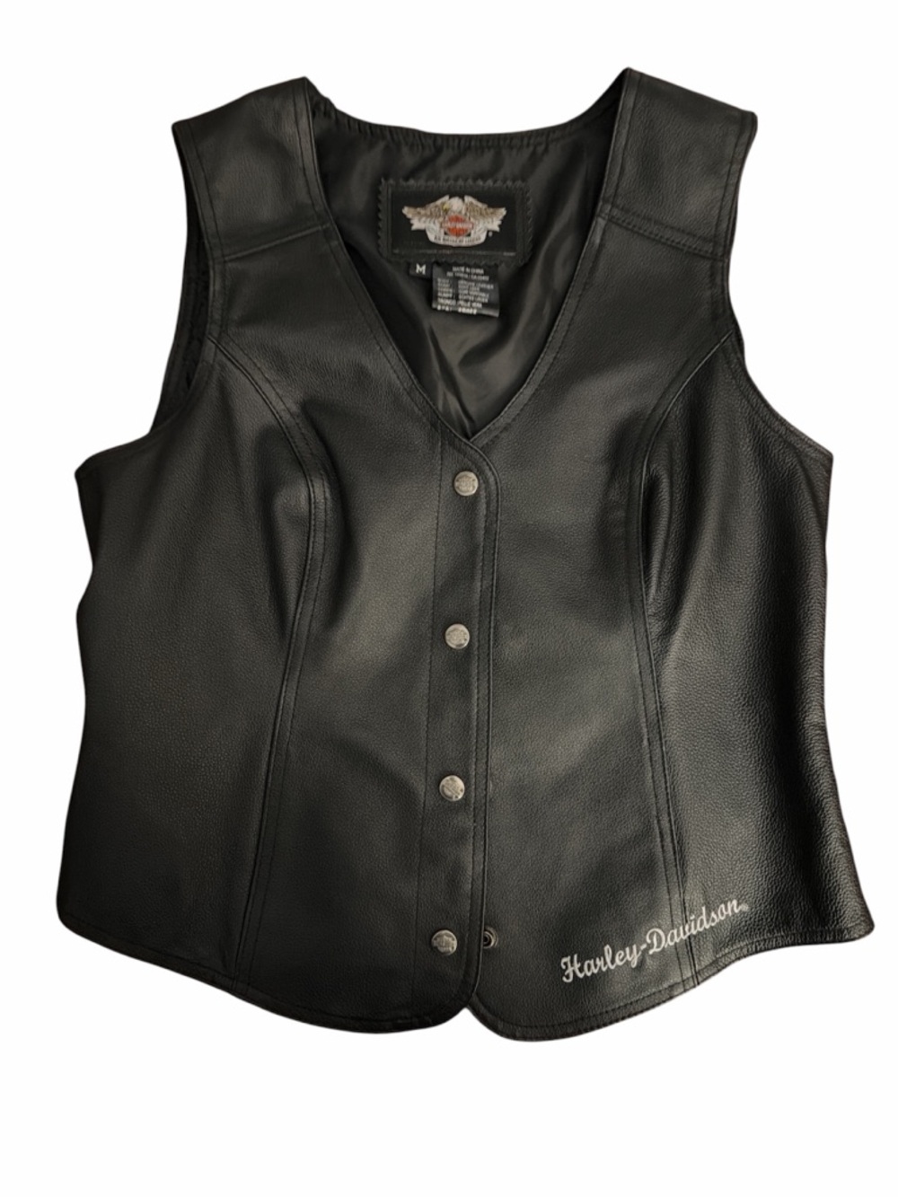 Harley-Davidson Women’s Black Leather Vest with Branded Metal Snap